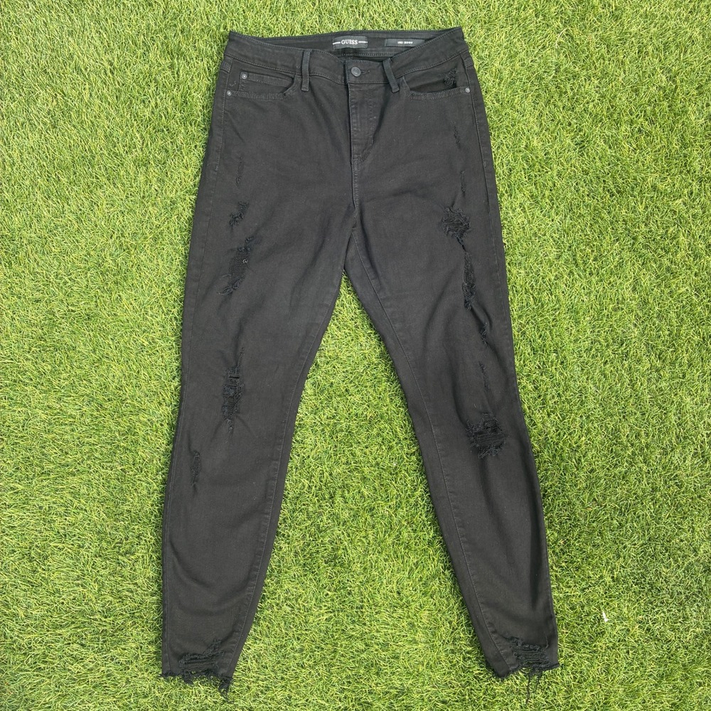 Guess 1981 Skinny Jeans Womens 29x27 Black Distressed Ripped Raw Hem Denim Pants